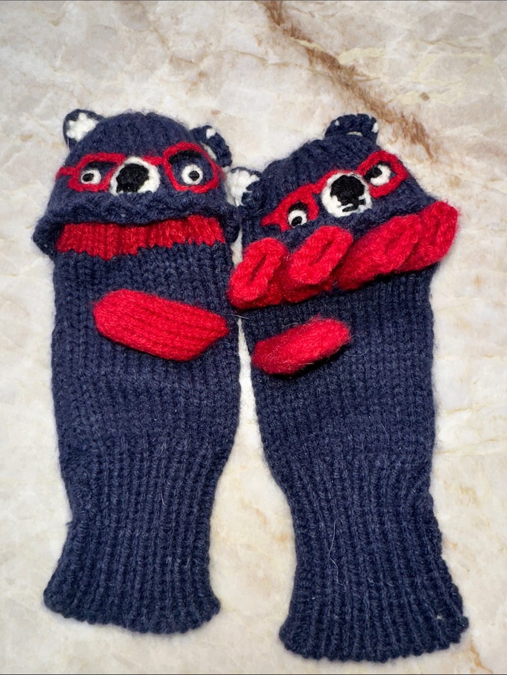 Joules Navy Mittens with Red Bear Details